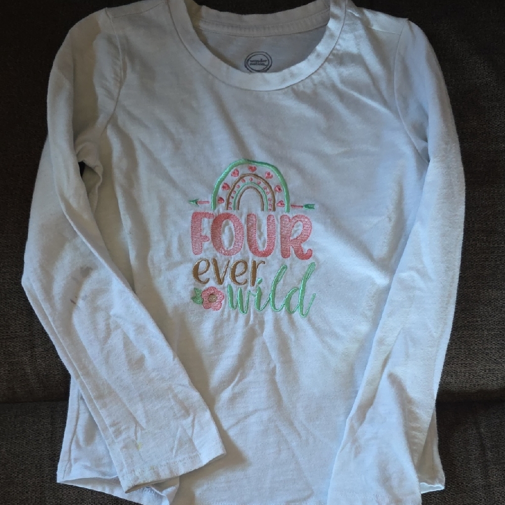 Four Year Old White Long Sleeve Tee with Colorful Embroidery